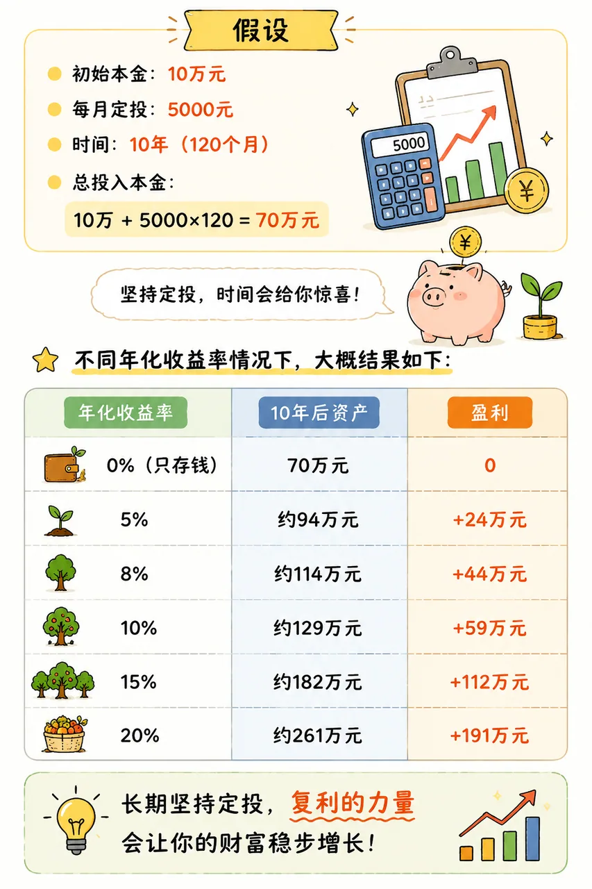初始本金与每月定投形成复利的示意图