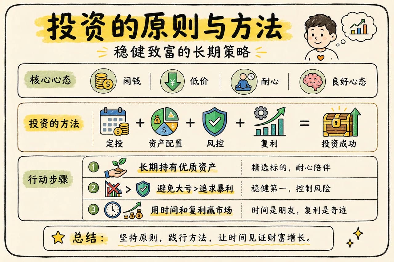 定投、资产配置、风控与复利的投资原则图